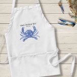 Tablier Cool Vintage Crabe bleu marine Plage personnalisée<br><div class="desc">Célébrez l'été, l'océan et la plage avec ce design nautique vintage crabe bleu. Une illustration gravée de crabe bleu rustique est dressée contre un arrière - plan de lin bronzé. Ajoutez votre texte personnalisé - monogramme, nom de famille, nom de maison de plage, année établie, etc - ou si vous...</div>