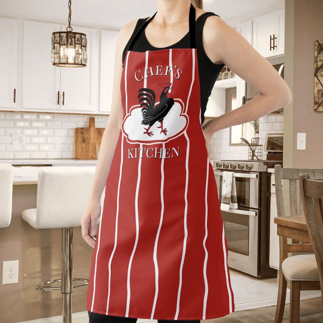 Tablier Coq de cuisine du chef rouge à rayures (Apron featuring a simple red and white striped design with a rooster on a cloud )