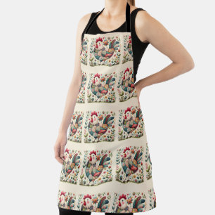 Tablier Coq en patchwork folklorique avec accents floraux