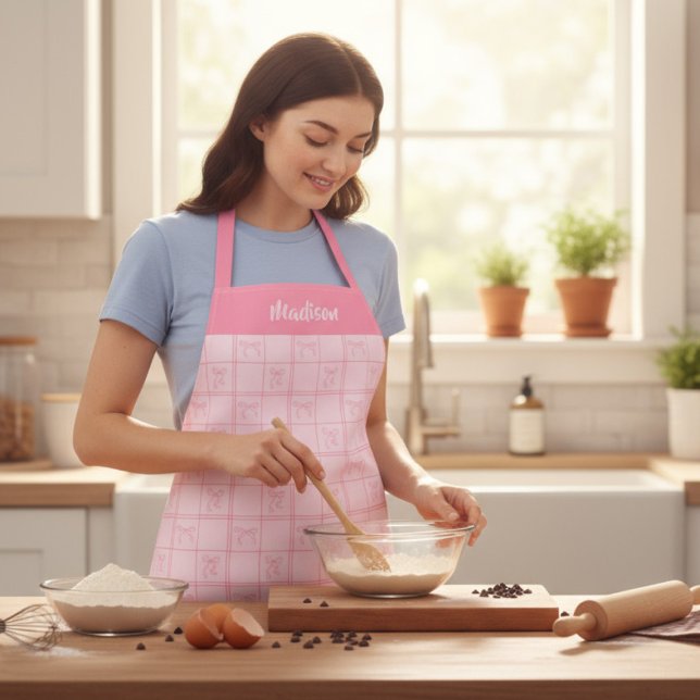 Tablier Coquette Bow rose Moderne Fille Nom personnalisé (Créateur téléchargé)