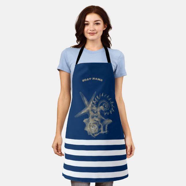 Tablier Coquilles marines dorées rayures bleu marine    (Porté)