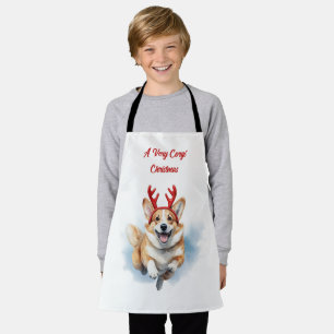 Tablier Corgi de Noël avec des bois de rennes bondissant