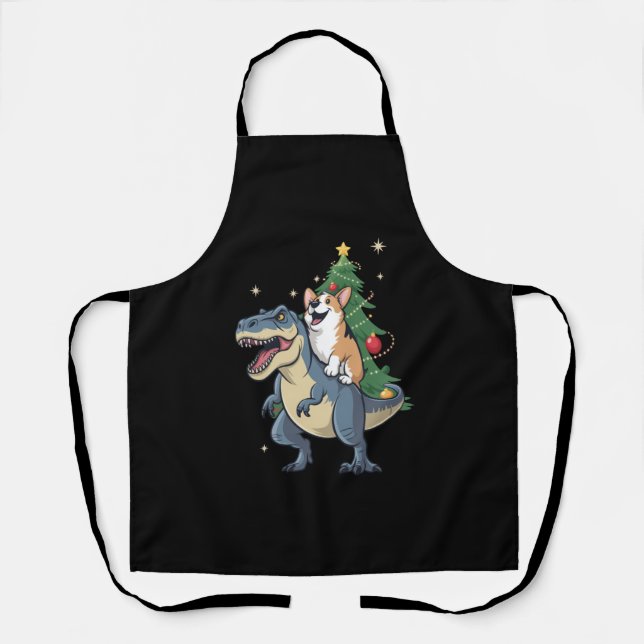 Tablier Corgi Noël Dinosaure Arbre Rex Vacances Xmas  (Recto)