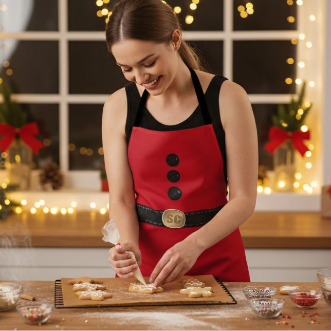 Tablier Costume d'elfe de Noël rouge Monogramme Aire de va (A festive red apron inspired by an elf. Just add your initials and get creative in the kitchen)