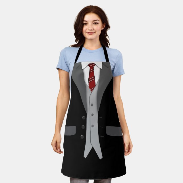 Tablier Costume noir Cravate rouge et gilet (Porté)