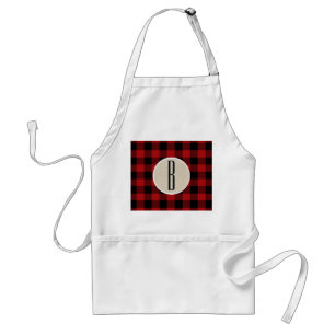Tablier Coton Kraft Monogramme à carreaux plaid rouge noir