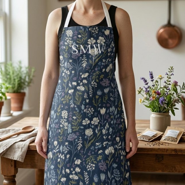 Tablier Cottagecore Wildflower – Personalized Monogram (Blue floral monogram apron)