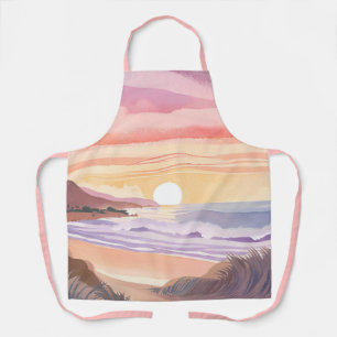 Tablier Coucher de soleil sur la mer rose   Peinture aquar