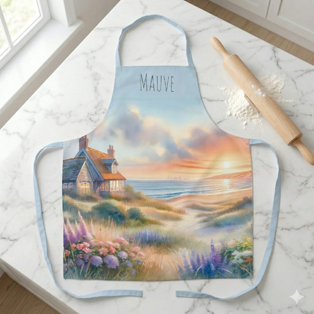 Tablier Coucher de soleil sur les dunes de la maisonnette  (Coastal Cottage Sunset Dunes Watercolor Apron)