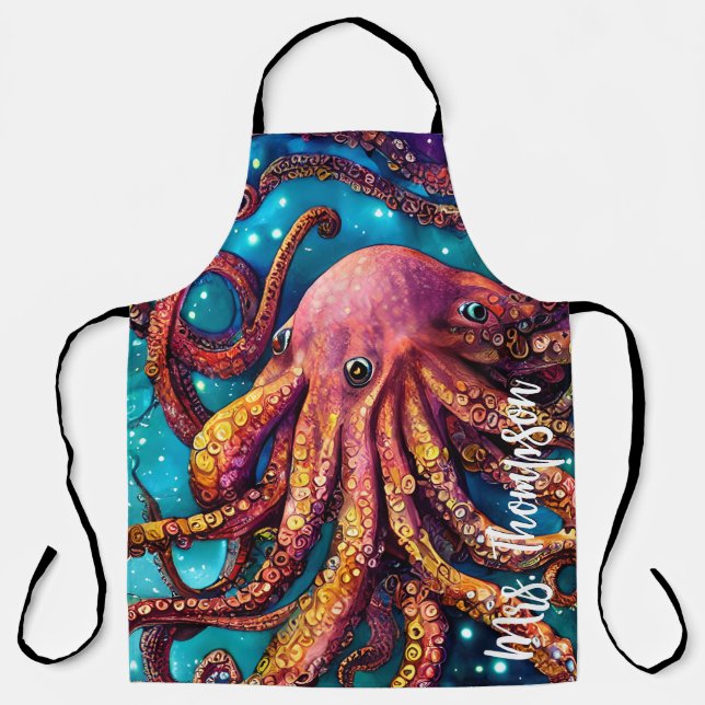 Tablier Couleur d'eau Alien Octopus avec nom personnalisé (Recto)