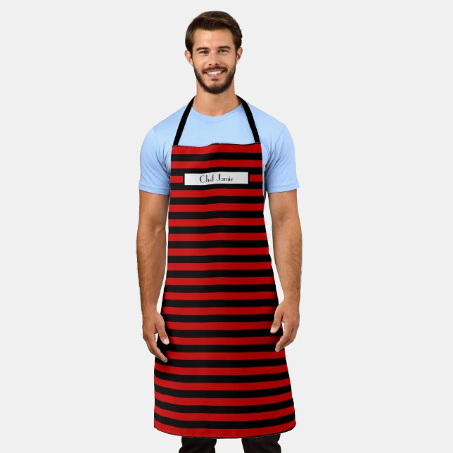 Tablier Couleurs DIY Stripe Horiz Noir Rouge (Porté)