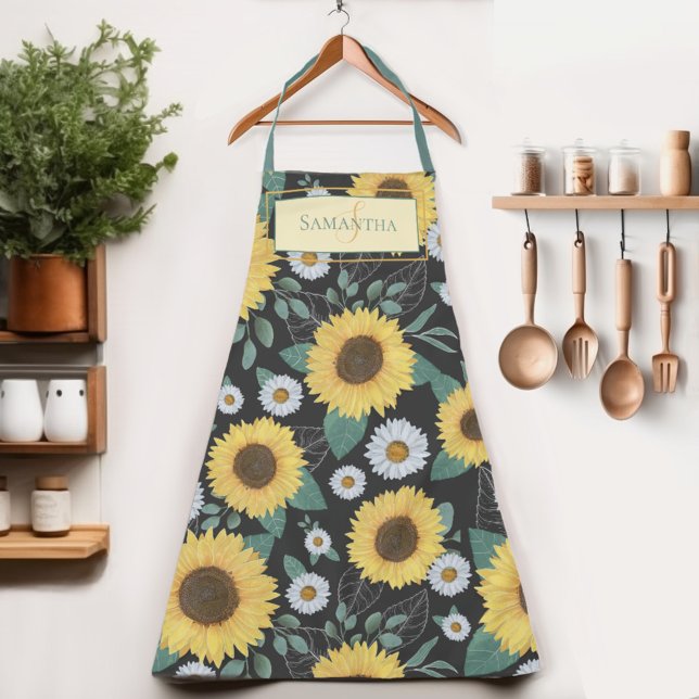 Tablier Country Yellow Sunflower Femme Nom Apron (Indulge in the sunflower charm of our Womens apron.  Cook in style and let your name shine!)