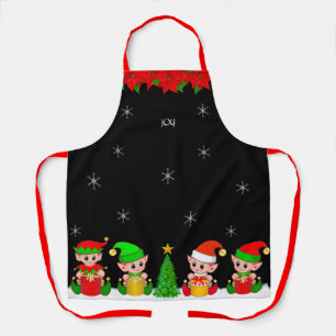 Tablier Coupe d'elfes de Noël et flocons de neige sur noir