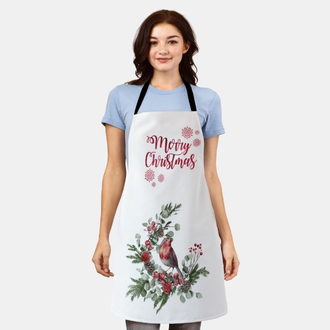 Tablier Couronne de fleurs aquarelle avec un cardinal roug (Porté)