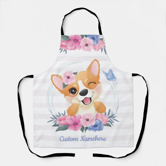 Tablier Couronne de fleurs de chien Corgi mignon Papillon  (Recto)