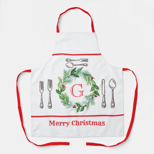 Tablier Couronne de Noël aquarelle MONOGRAMME Unisexe (Recto)