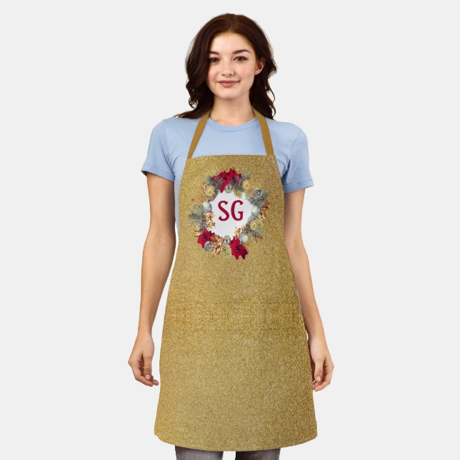 Tablier Couronne de Noël en paillettes d'or Monogramme  (Porté)