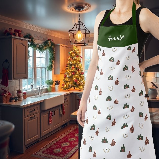 Tablier Cozy cabin monogram name Christmas (Cozy cabin monogram name Christmas Apron. You can add your name to personalize. Nice holiday apron.)