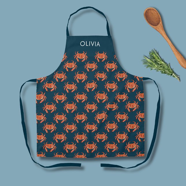Tablier Crabe Motif de bord de mer Nom personnalisé Apron (Brown crab personalized kitchen apron.  Matching items available for kitchen and dining.)