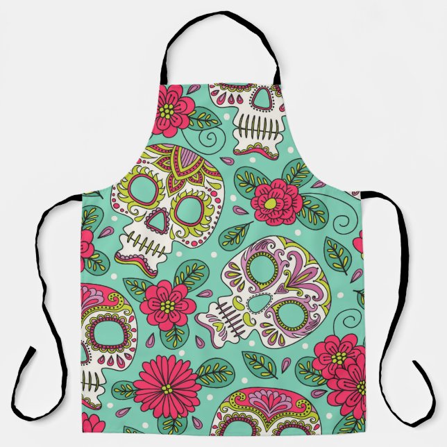 Tablier Crâne et fleurs mexicaines, sans soudure. (Recto)