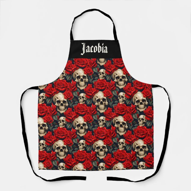 Tablier Crânes avec des roses rouges et noires (Recto)