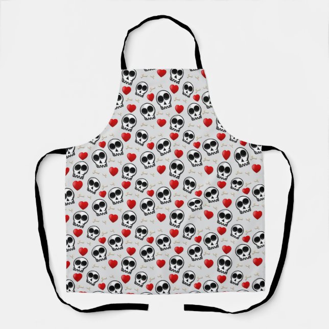 Tablier Crânes et Coeurs rouges Motif Halloween (Recto)