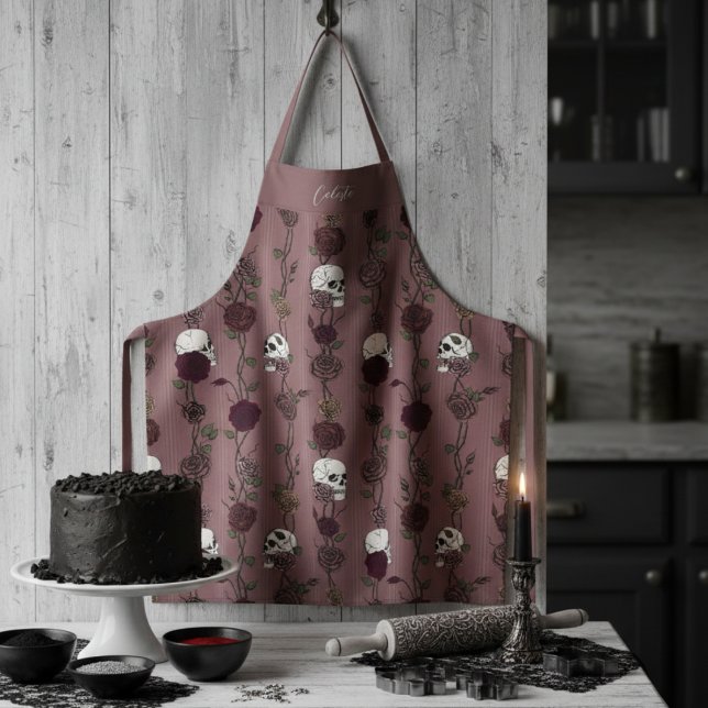 Tablier Crânes Floraux Gothiques Mauve Foncé (Gothic Mauve Pink Dark Floral Skulls and Roses Pattern for Goth Mom or For Her)