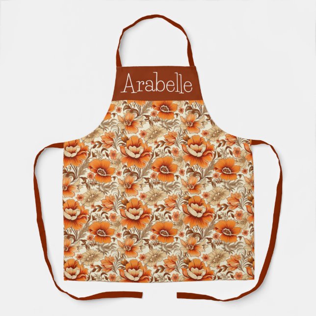 Tablier Creme et orange fleuri Apron pour Thanksgiving (Recto)