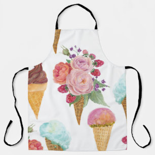 Tablier Crème glacée, framboises : motif aquarelle.