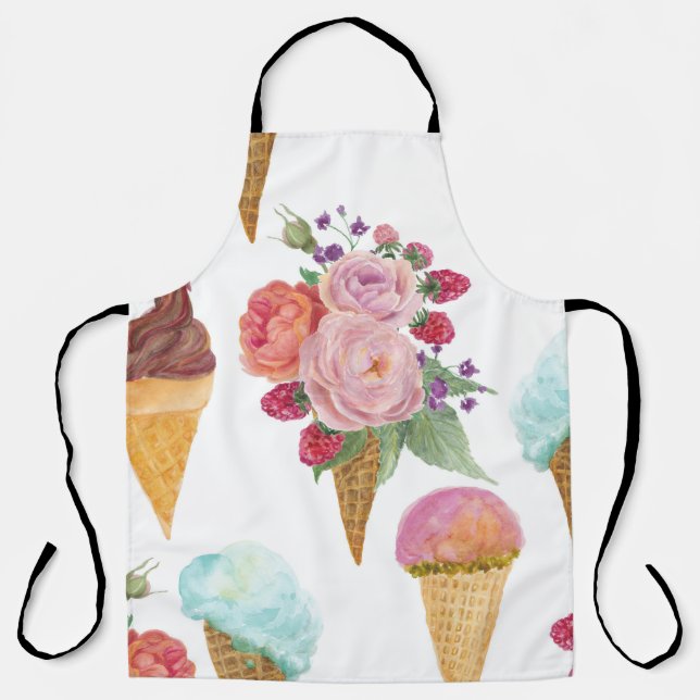 Tablier Crème glacée, framboises : motif aquarelle. (Recto)