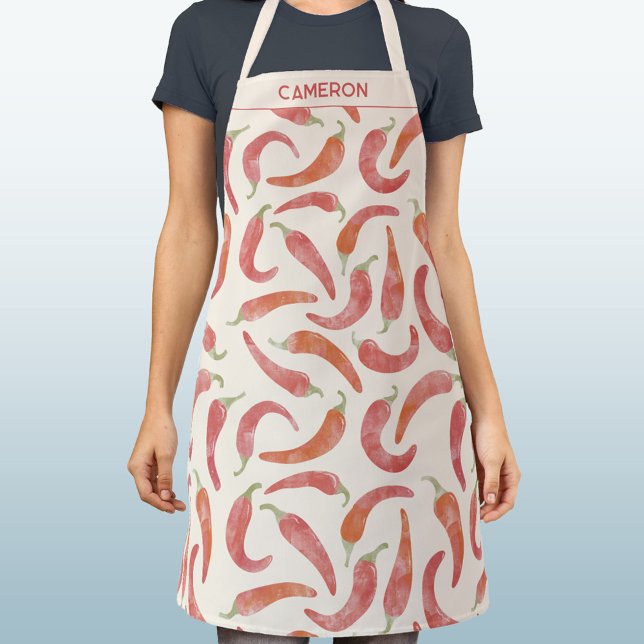 Tablier Crème Rouge Piment Personnalisée Aquarelle (Personalized custom name red chili pepper hot and spicy apron for cook, chef, cafe, restaurant)