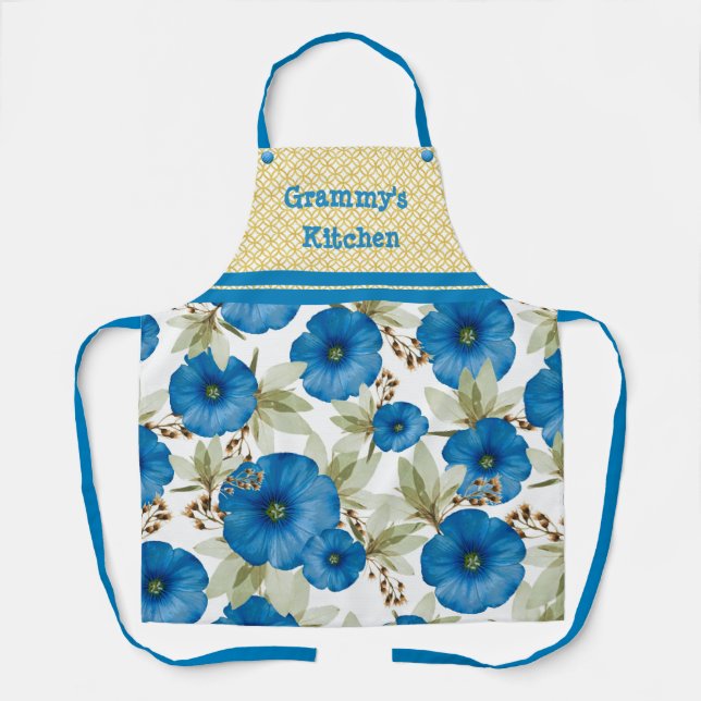 Tablier Cuisine de Grammy - Floral bleu et Motif jaune (Recto)