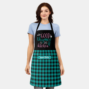 Tablier Cuisine drôle Bonne Thymes Noir Turquoise Plaid