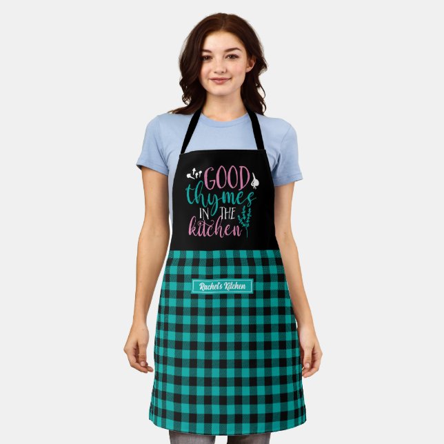 Tablier Cuisine drôle Bonne Thymes Noir Turquoise Plaid (Porté)
