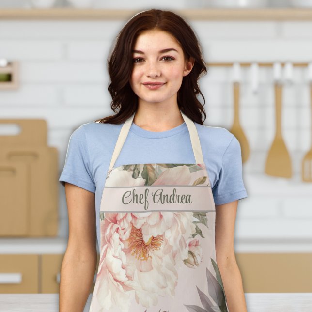 Tablier Cuisine femme cuire à l'aquarelle de la pivoine fl (custom name women's apron pink floral roses peony floral cooking baking apron gift for women for her)