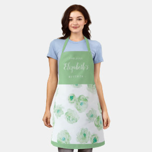 Tablier cuisine fleurie à l'aquarelle verte personnalisé