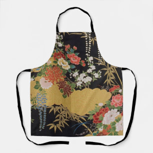 Tablier Cuisine florale Japonaise Oriental Noir Or Kimono