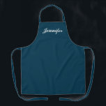 Tablier Cuisine personnalisée avec un script de monogramme<br><div class="desc">Montrez votre style tout en cuisine avec ce scénario de monogramme bleu Navy Personnalisé Kitchen Apron. Le nom est conçu dans un élégant script blanc centré sur l'avant d'un tablier bleu foncé solide. Idéal pour protéger les vêtements contre les taches et les déversements pendant la cuisine. Disponible en différentes couleurs....</div>