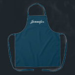 Tablier Cuisine personnalisée avec un script de monogramme<br><div class="desc">Montrez votre style tout en cuisine avec ce scénario de monogramme bleu Navy Personnalisé Kitchen Apron. Le nom est conçu dans un élégant script blanc centré sur l'avant d'un tablier bleu foncé solide. Idéal pour protéger les vêtements contre les taches et les déversements pendant la cuisine. Disponible en différentes couleurs....</div>