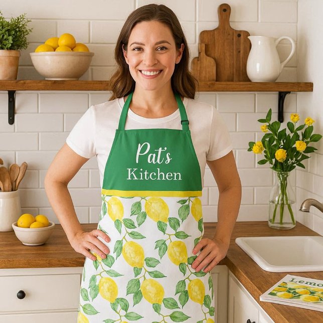 Tablier Cuisine personnalisée citron et feuilles vertes ( Fresh lemon-pattern apron with a customizable top—perfect for cooking, gifting, and everyday use)