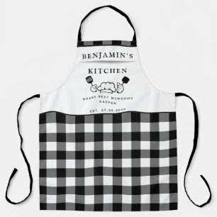 Tablier Cuisine pliée de buffle noir et blanc, texte perso