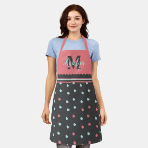 Tablier Cuisine rose et gris Motif de coeur Monogramme