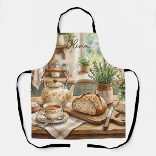 Tablier Cuisine rustique à l'aquarelle, thé et pain de la