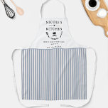 Tablier Cuisine sur mesure, Blancs et Bleus, Cuisine de fe<br><div class="desc">Faites de ce magnifique tablier motif rayé blanc et bleu votre propre,  avec la possibilité de customiser les quatre zones de texte avec votre propre message! Conception avec une belle zone pour votre texte,  rehaussée de spatule,  mélange de bols,  fourche et whisk détails. Une idée cadeau unique !</div>