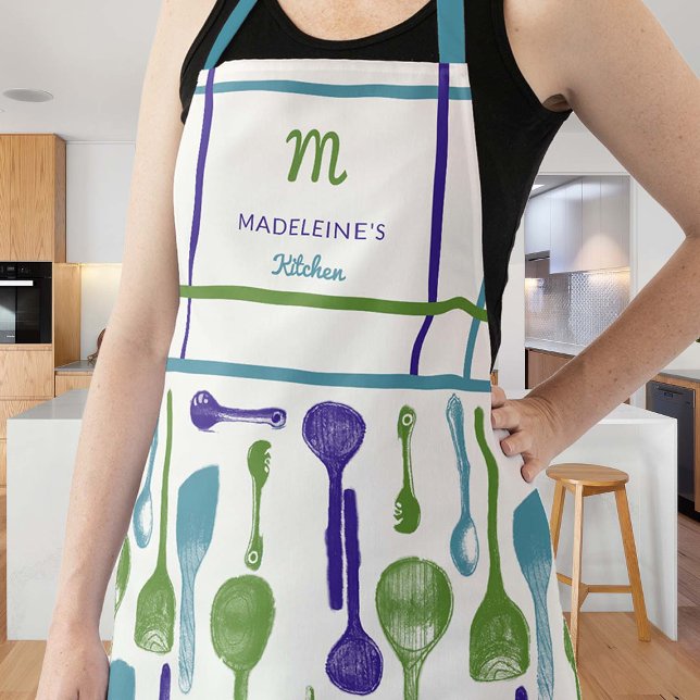 Tablier Cuisine vintage Bleu pourpre Cuisine cuillères Mon (vintage apron personalized gift mom grandma hostess christmas thanksgiving birthday spoon blue green)