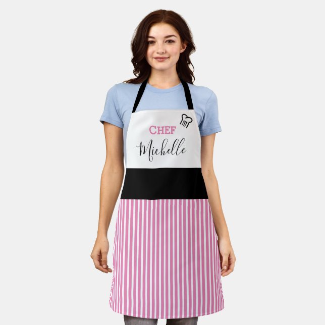 Tablier Cuisinier Personnalisé Moderne Rose Rayé (Porté)