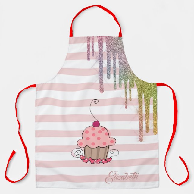 Tablier Cupcake,Gouttes de paillettes arc-en-ciel, Rayures (Recto)