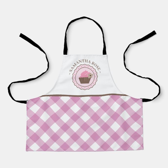 Tablier Cupcake Pink and White Plaid Nom personnalisé (Recto)
