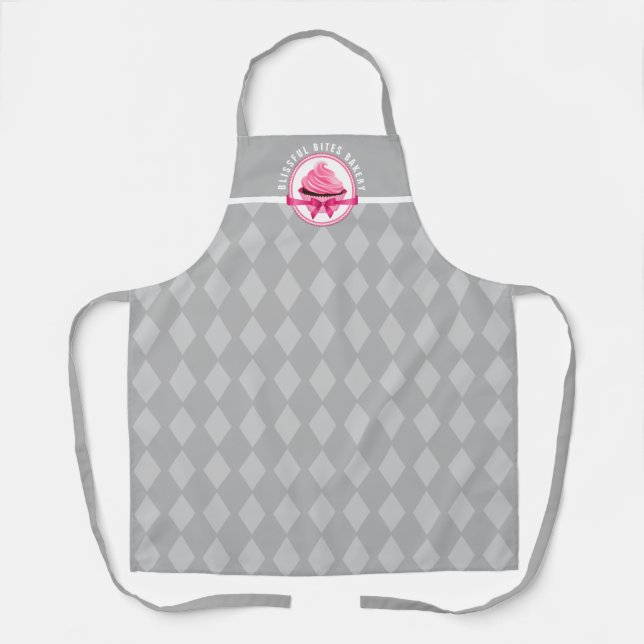Tablier Cupcake rose Courbé Texte Gris Diamant Boulangerie (Recto)
