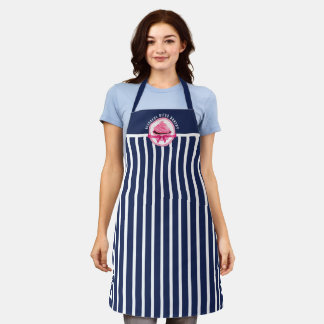 Tablier Cupcake rose Courbé Texte Marine Bleu Grilles Boul